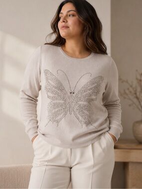 Gran Oriente Wool/Cashmere Blend Rhinestone Butterfly Quiet Luxury Sweater L
